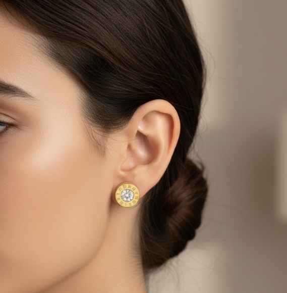 Stainless steel stud earrings, unisex gold-tone earrings with round cubic 10mm - Picture 9 of 9